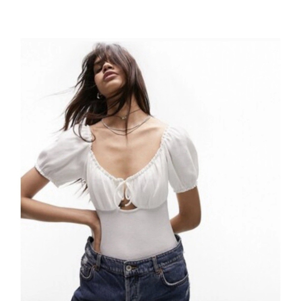 Topshop White Puff Sleeve Waffle Knit‎ Cutout Milkmaid Bodysuit Size XS White